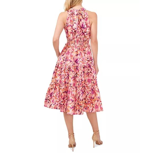 Cece Printed Tie Back Smocked Waist Midi Dress size M, Pink Orange | NEW $129 - Picture 2 of 5